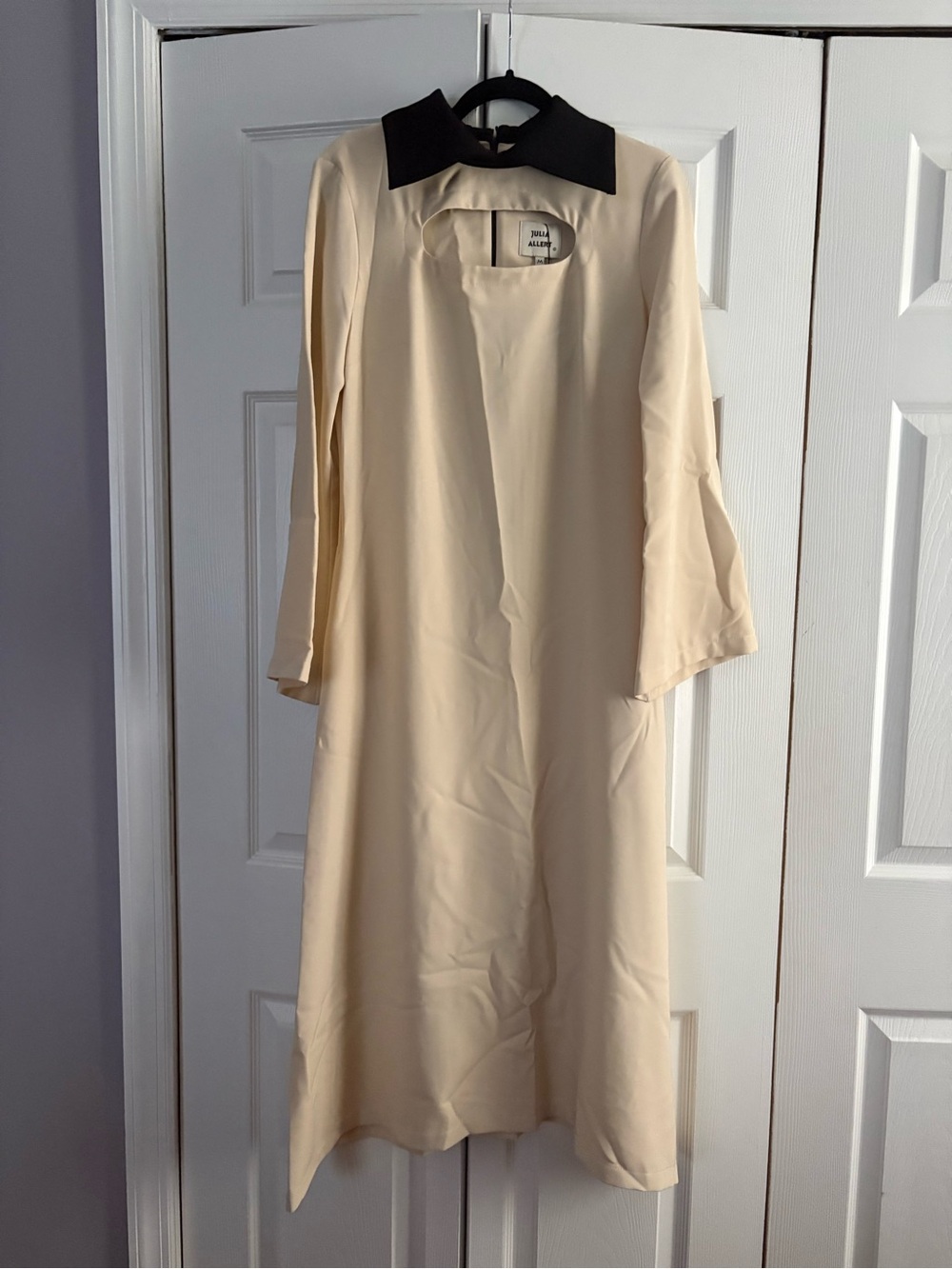 Long Cream Maxi Dress with Black Contrast Collar